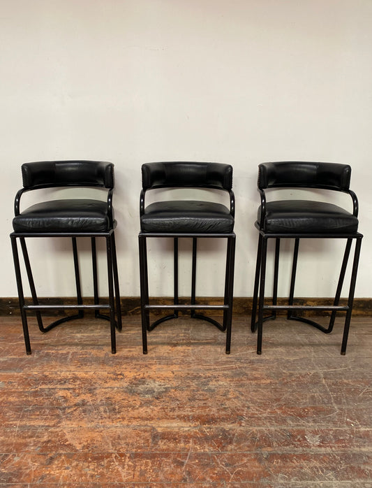 3 x metal framed bar stools with curved leather back