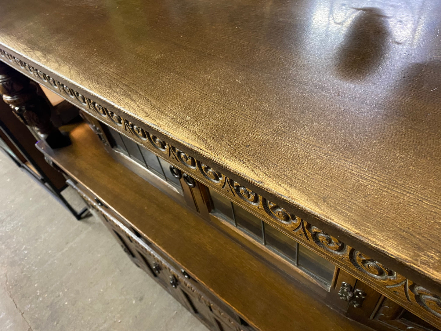 Antique solid oak tall sideboard / cabinet with ornate carvings