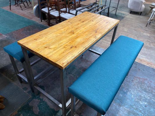 Industrial metal framed poseur table and benches