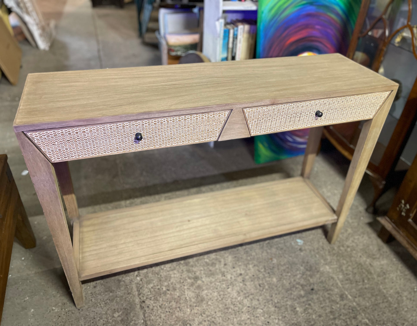 Narrow hall console table in light wood tone 2 drawers