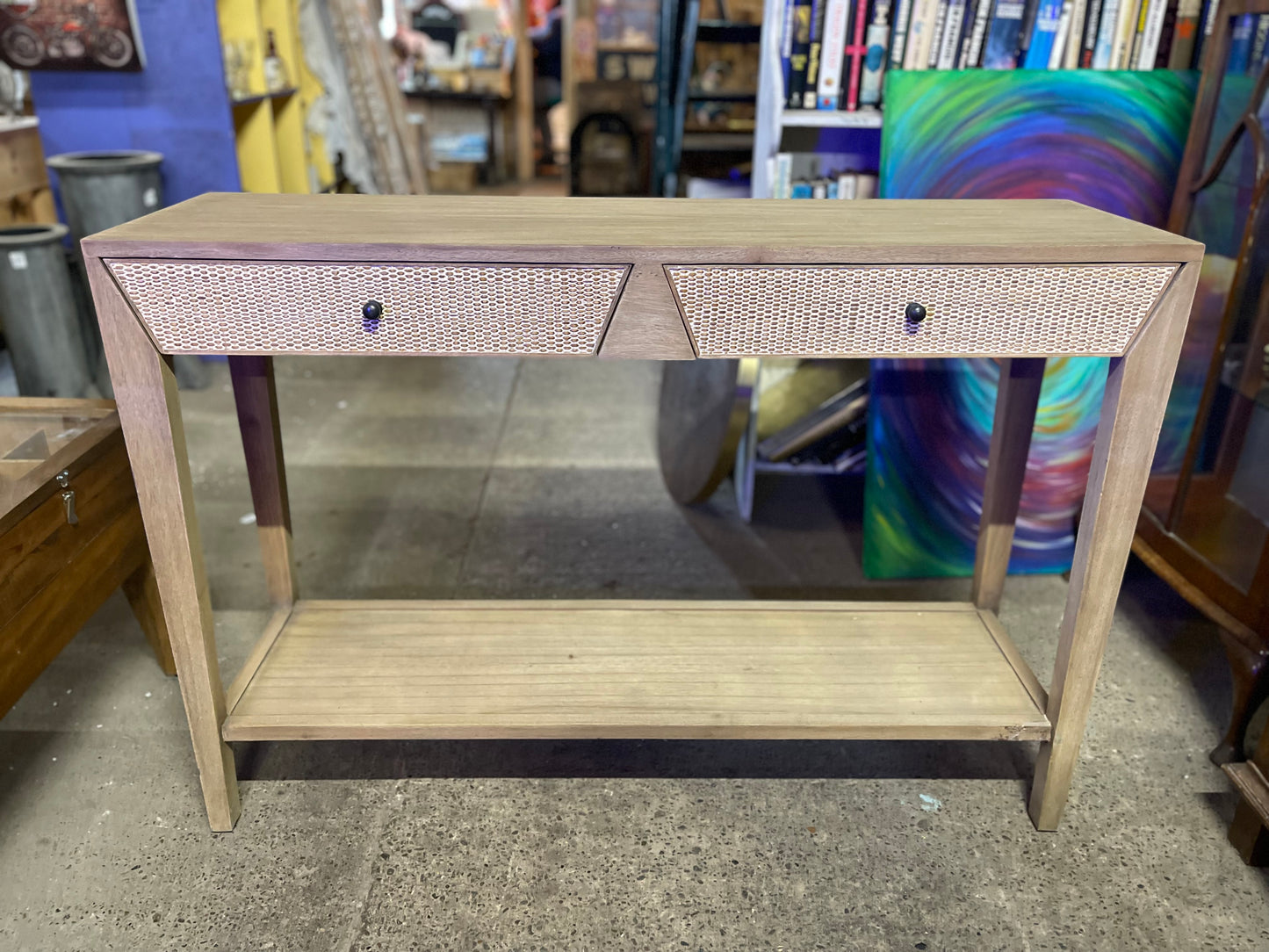 Narrow hall console table in light wood tone 2 drawers