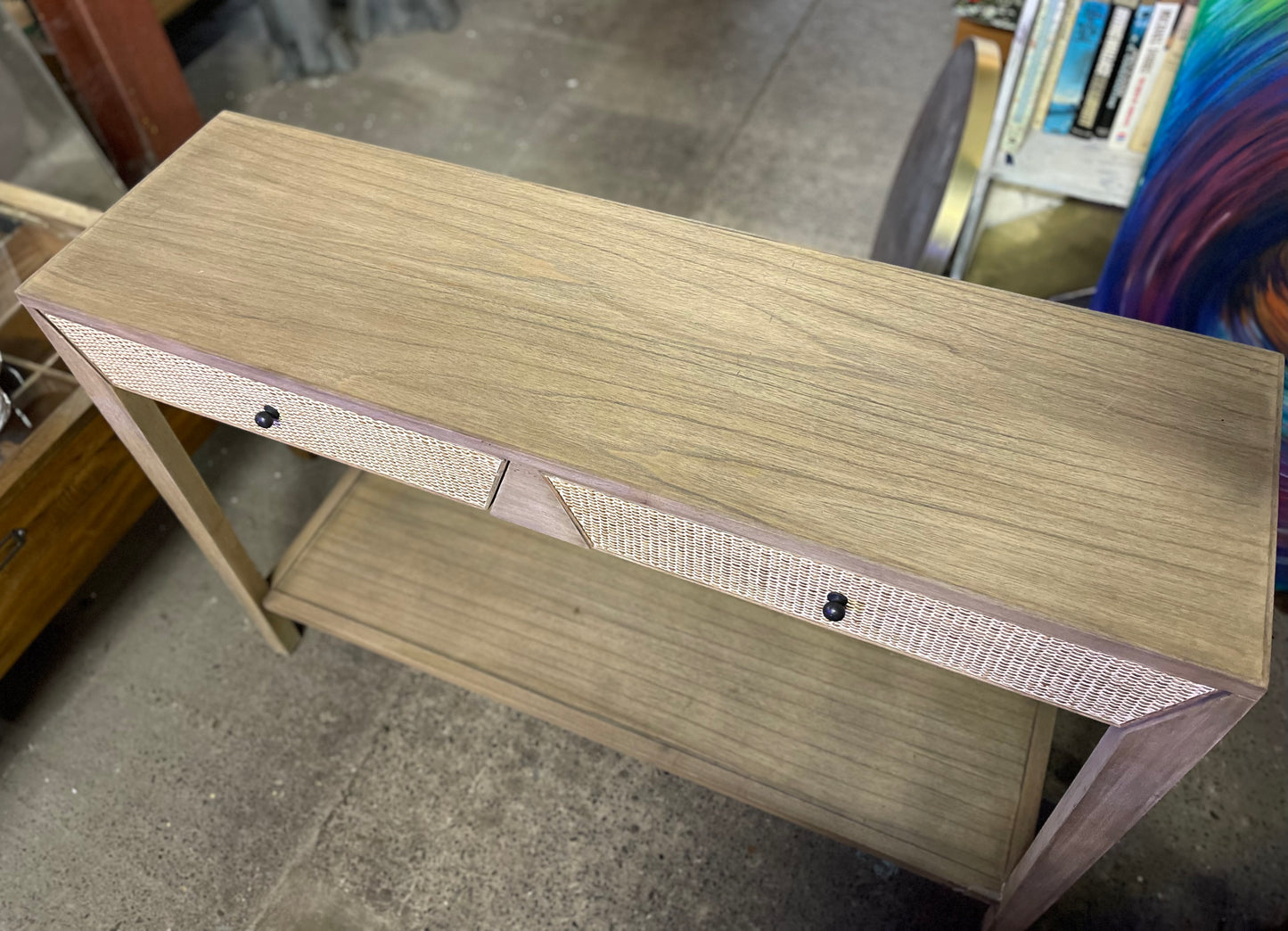 Narrow hall console table in light wood tone 2 drawers