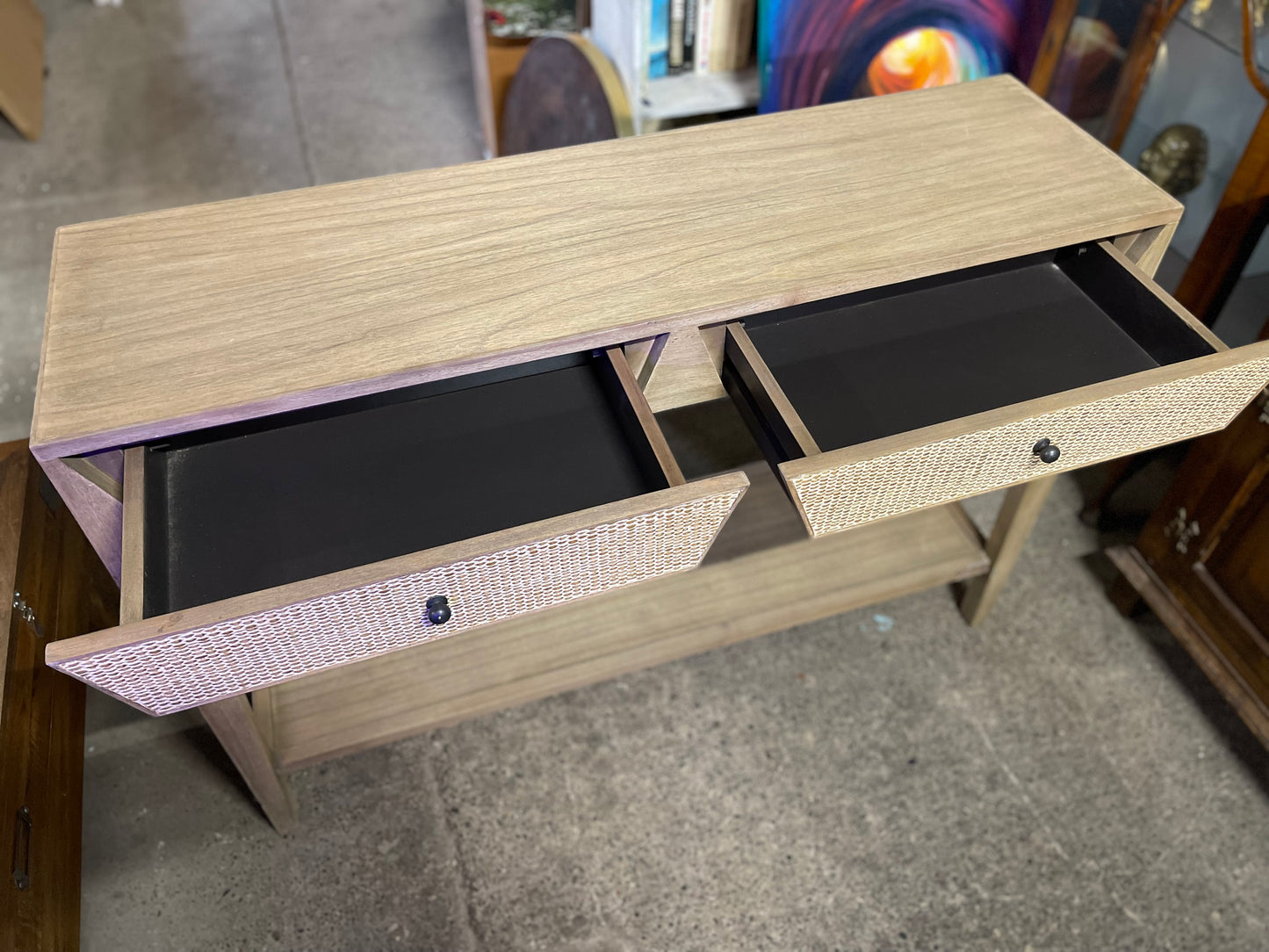 Narrow hall console table in light wood tone 2 drawers