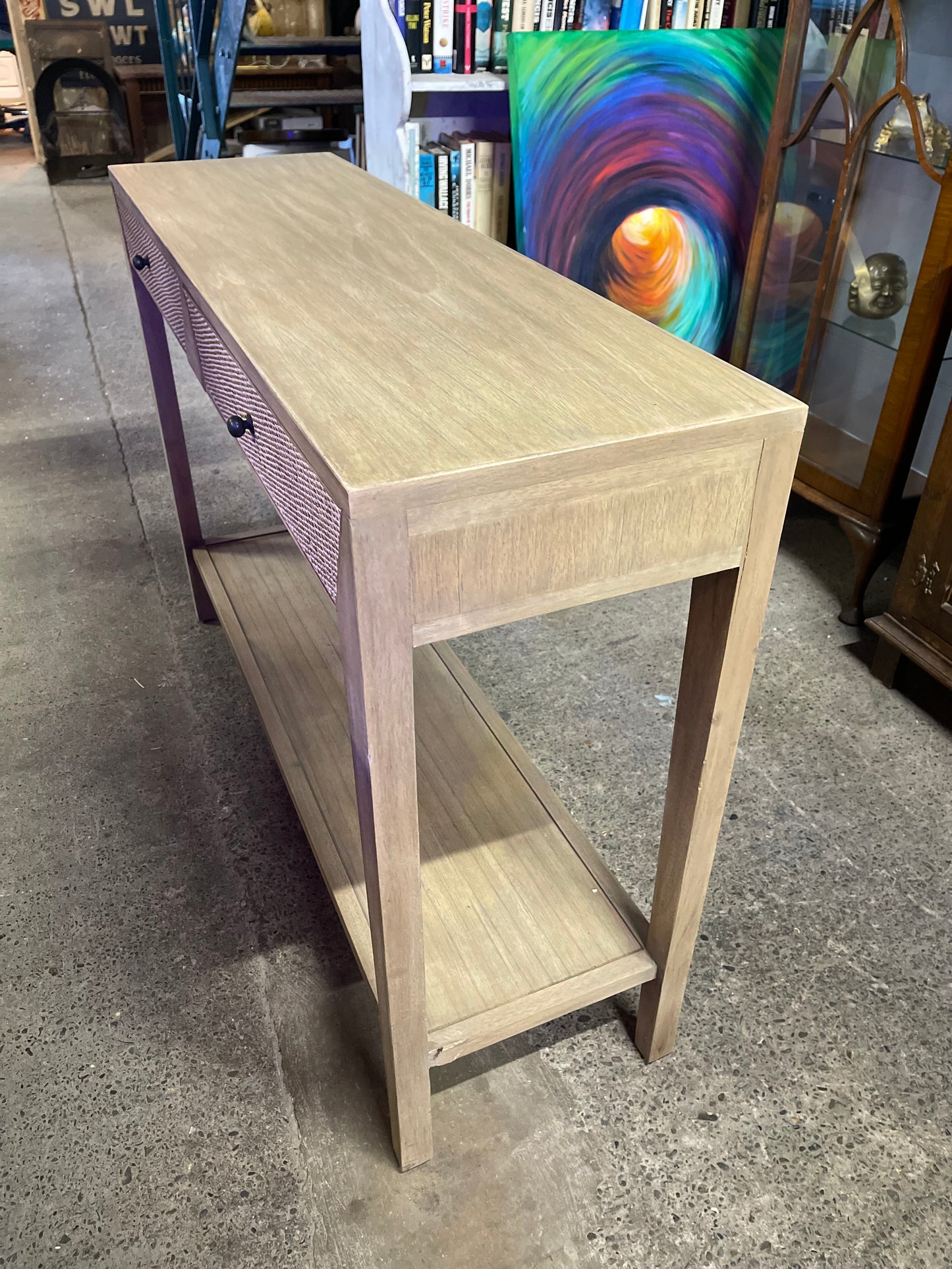 Narrow hall console table in light wood tone 2 drawers