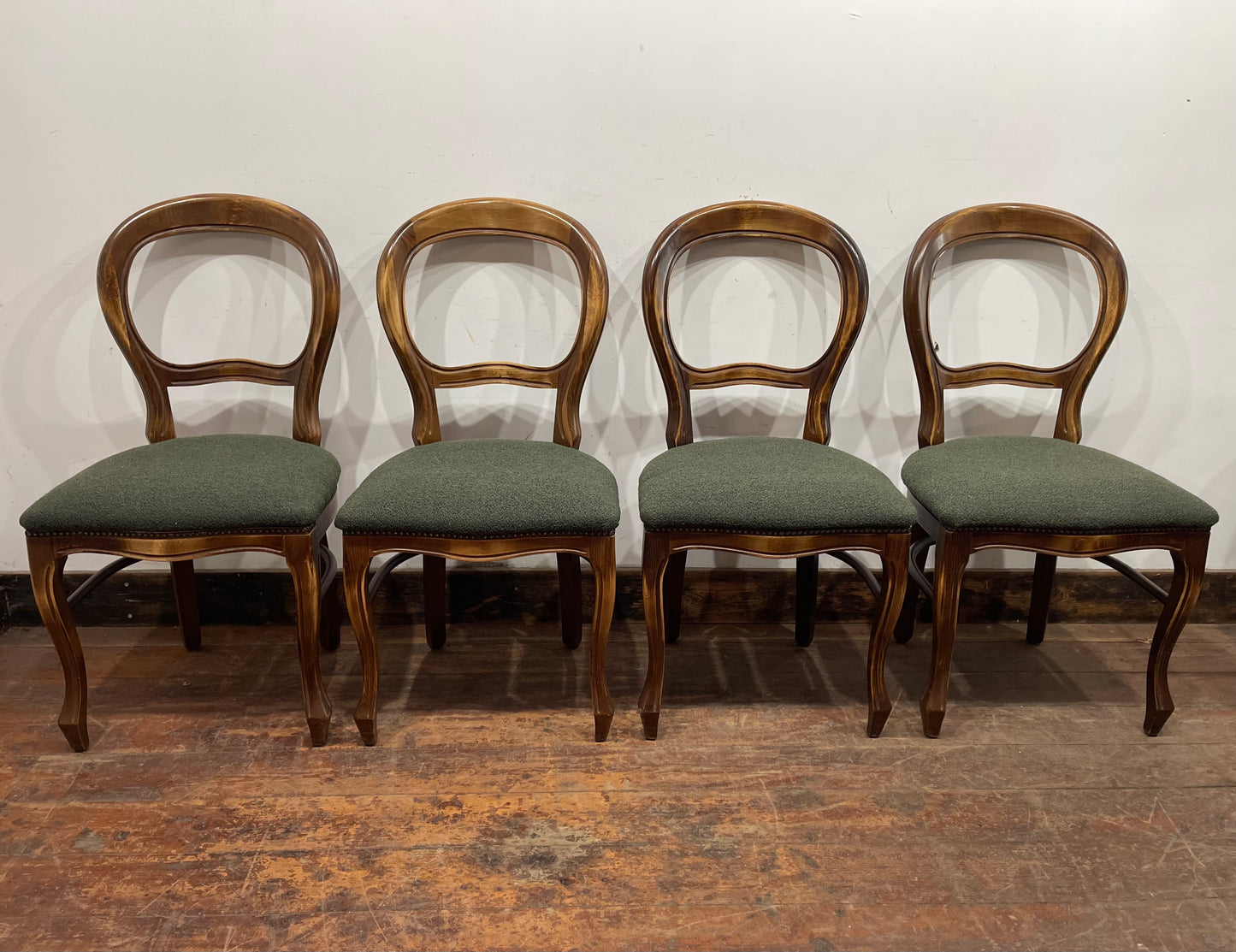 Set of 4 vintage style dining chairs with green fabric seats