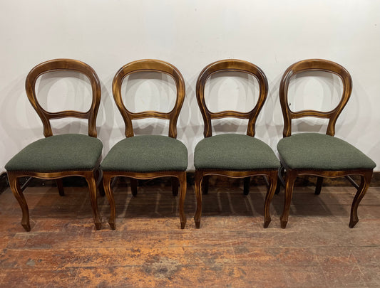 Set of 4 vintage style dining chairs with green fabric seats