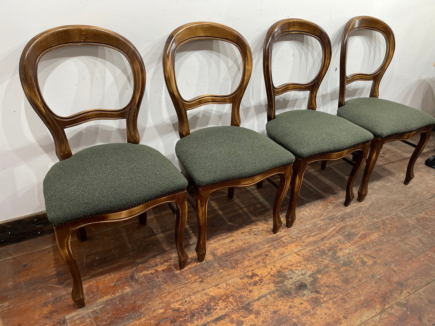 Set of 4 vintage style dining chairs with green fabric seats