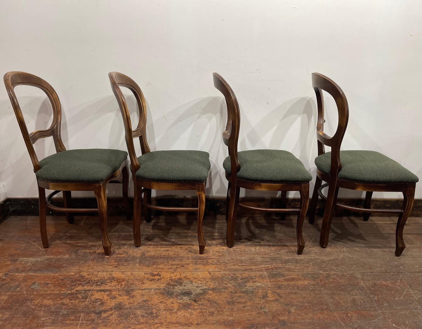 Set of 4 vintage style dining chairs with green fabric seats