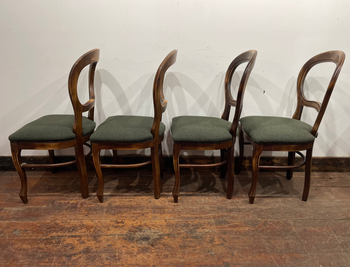 Set of 4 vintage style dining chairs with green fabric seats