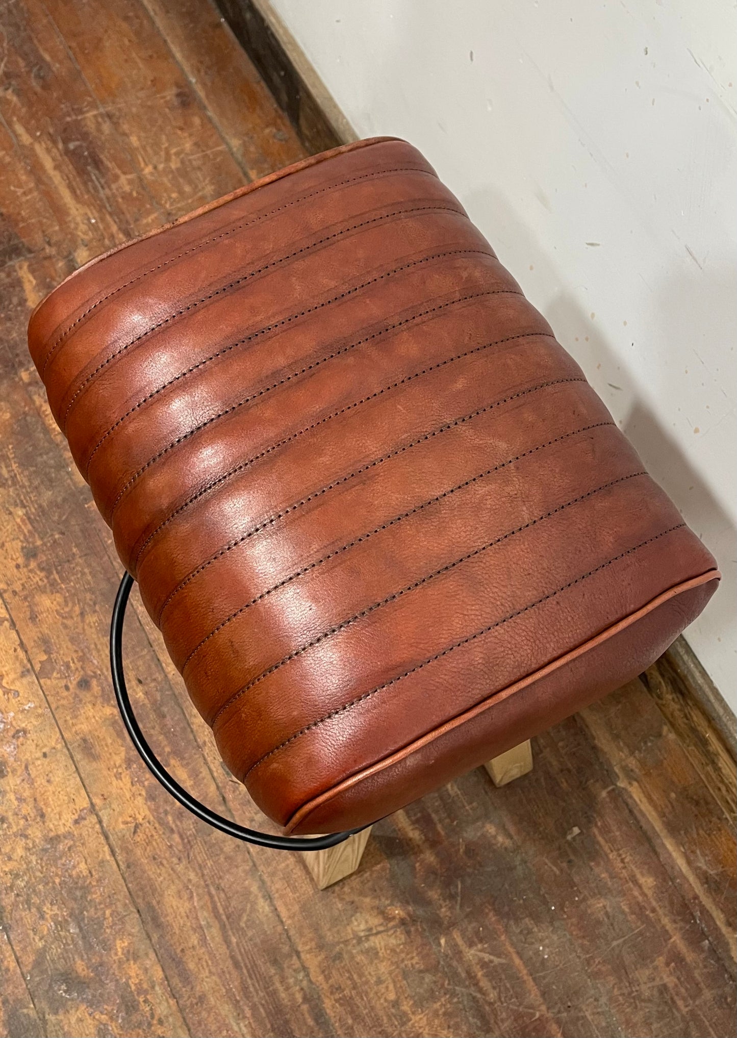Pommel stool with dark tan / brown leather seat