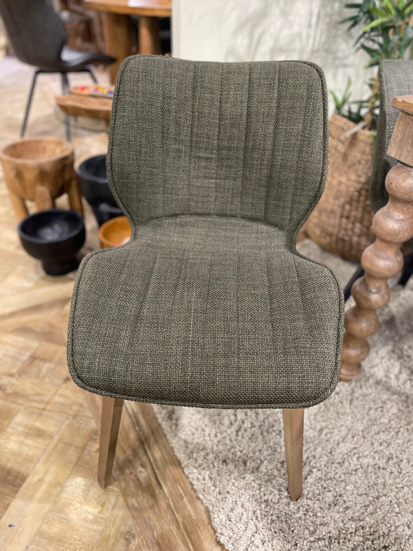 2 Alpha dining chairs / green fabric / boxed