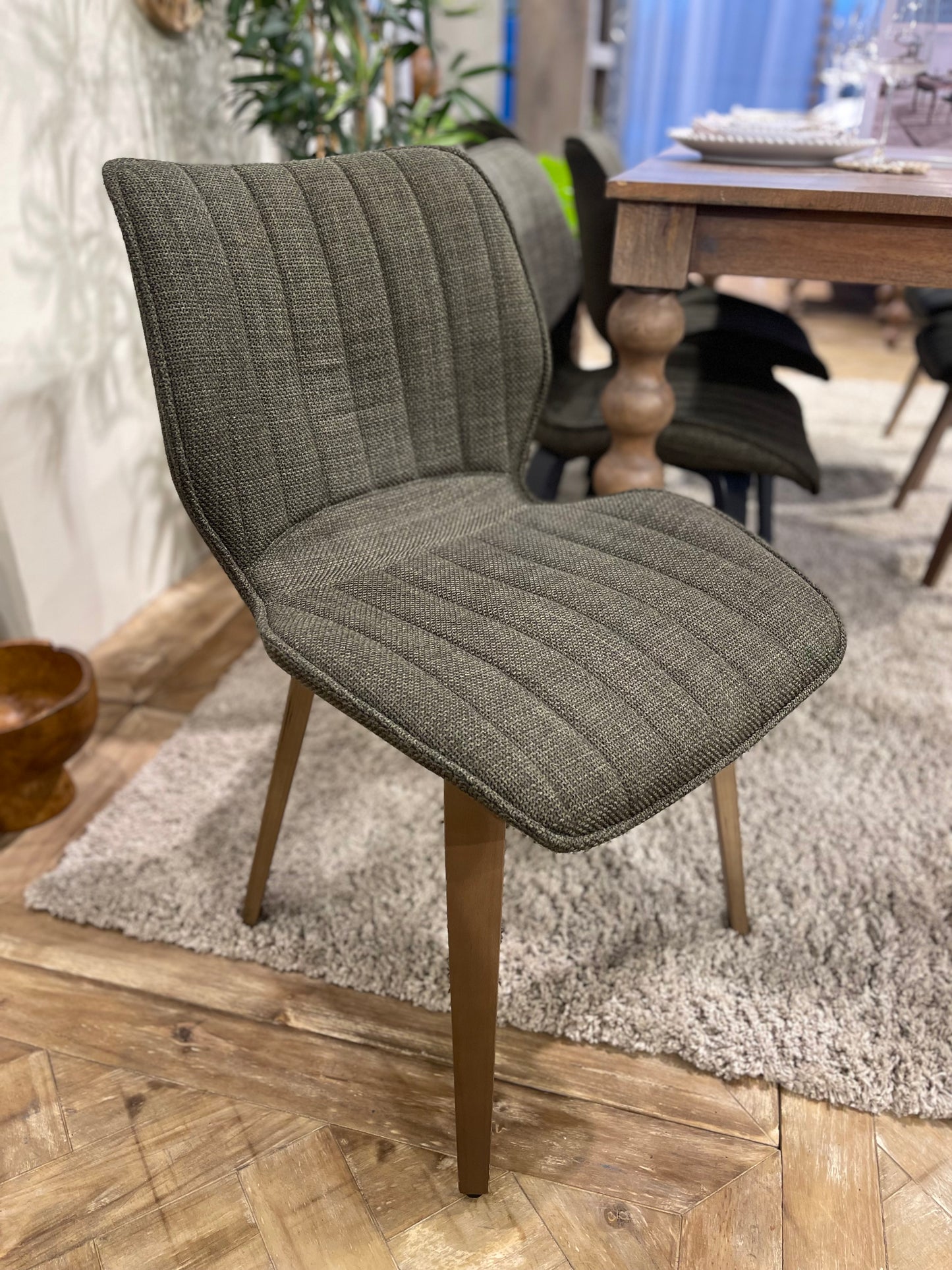 2 Alpha dining chairs / green fabric / boxed