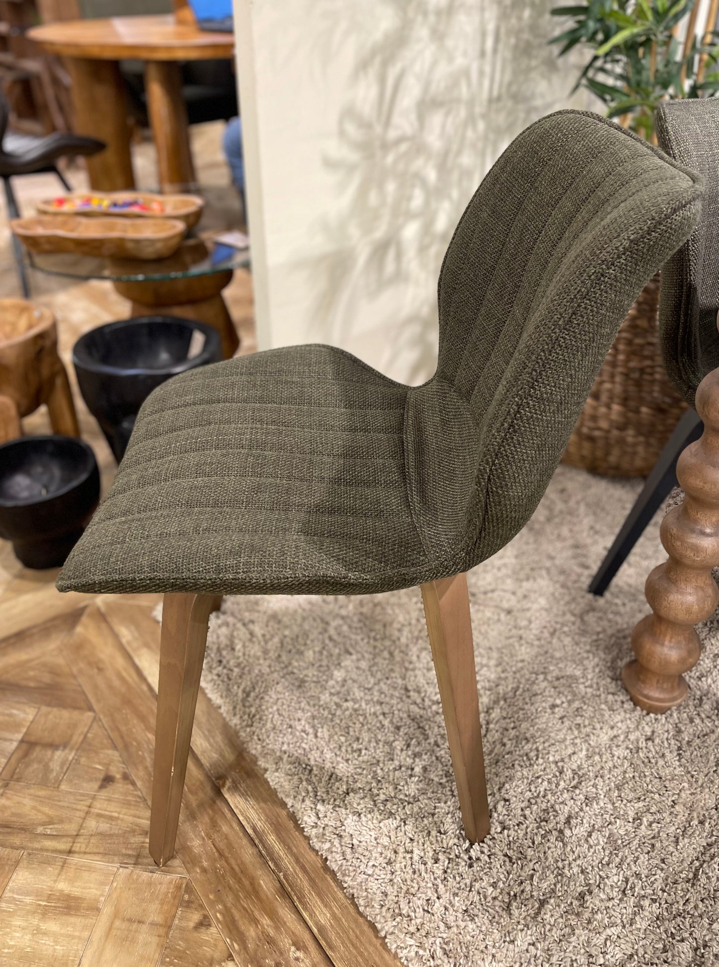 2 Alpha dining chairs / green fabric / boxed