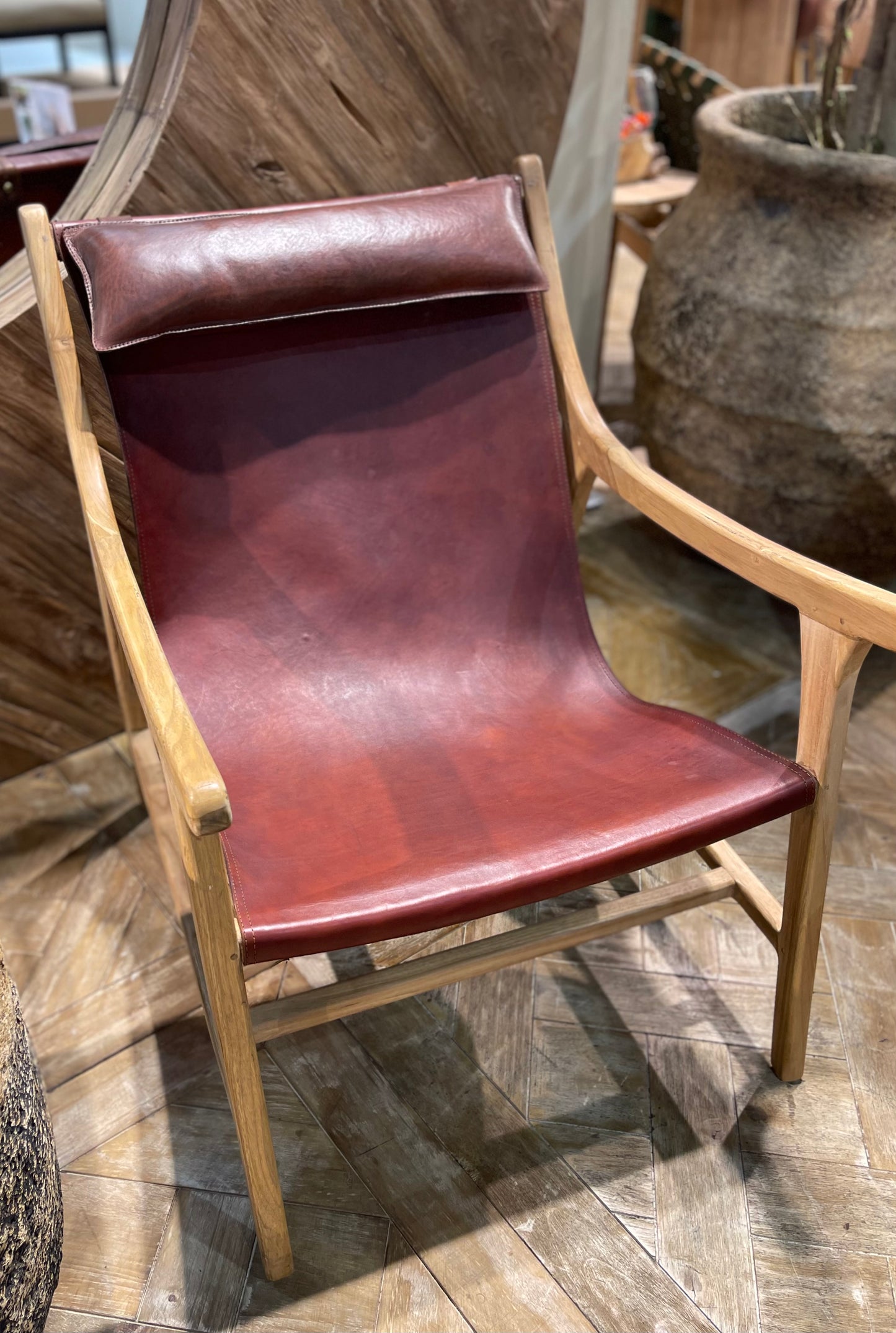 Reclined armchair / easy chair with wood frame and red leather