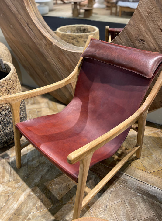 Reclined armchair / easy chair with wood frame and red leather