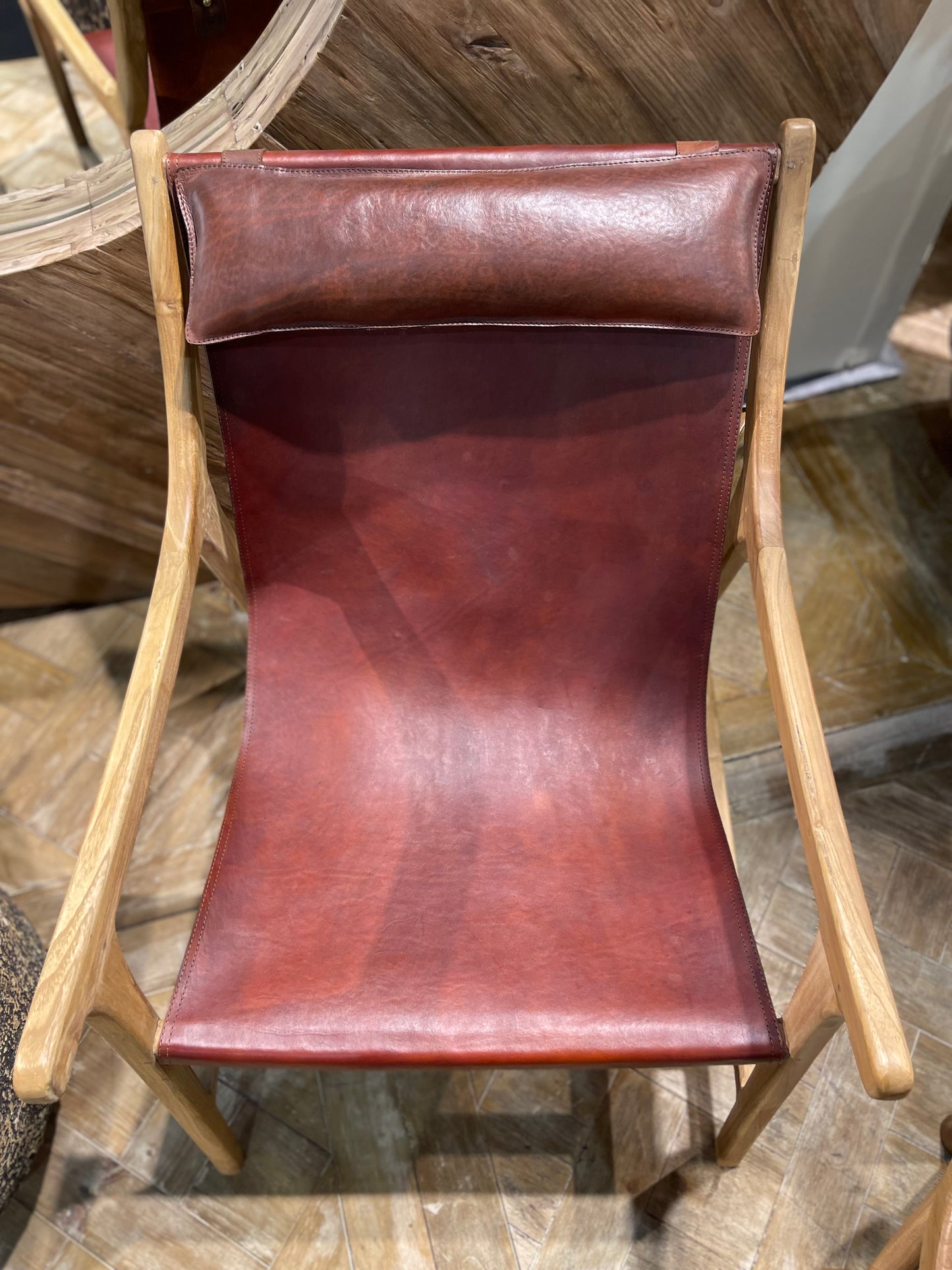 Reclined armchair / easy chair with wood frame and red leather