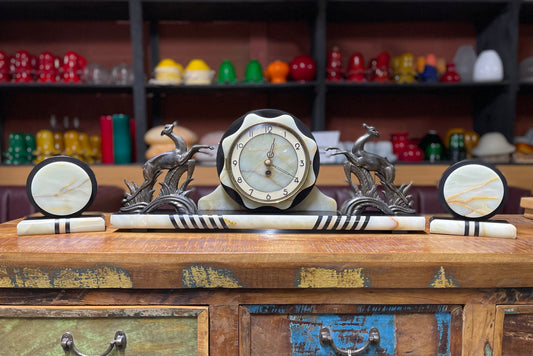 Antique French art deco mantle clock in slate and onyx