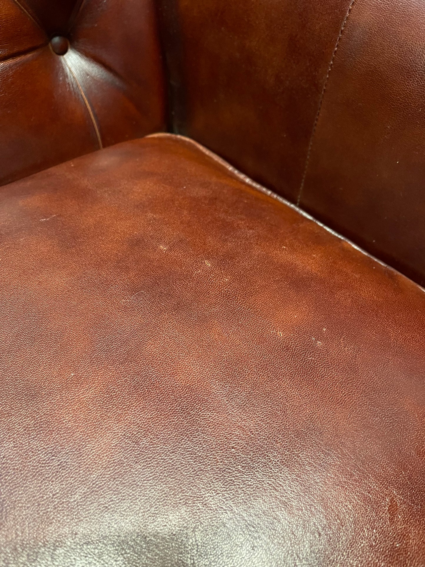 Chestnut brown leather armchair with button back