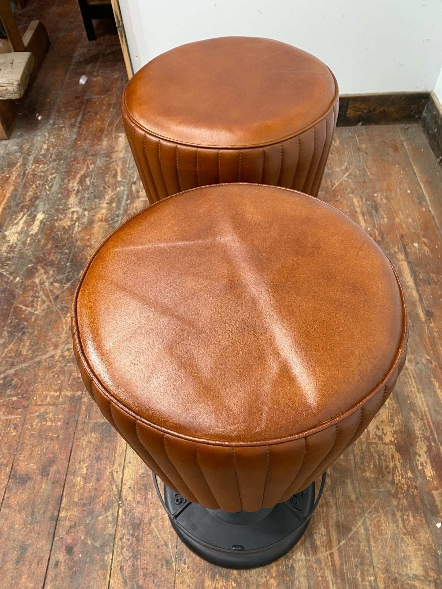 Pair of Ribbed Leather Bar Stools