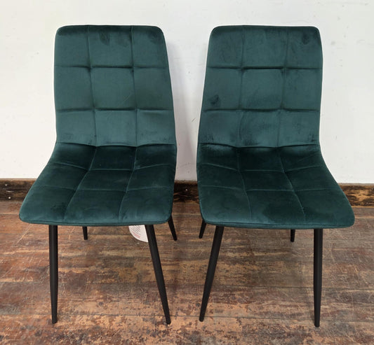 Pair of Green Velveteen Dining Chairs with Black Metal Bases and Block Stitching