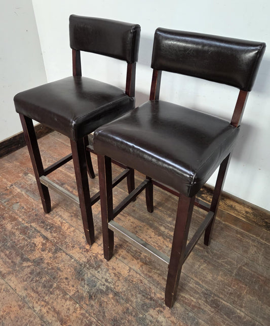 Pair of Black Faux Leather Bar Stools with Wood Frames