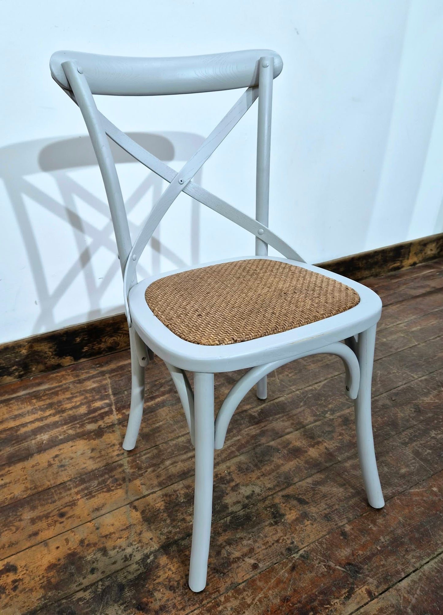 Set of Three White Bentwood Chairs and Triangular Base Wooden Table