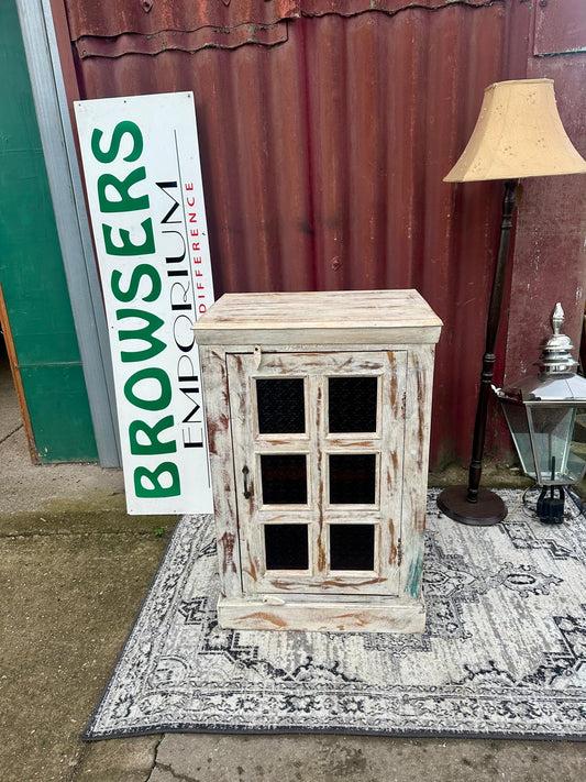 White Distressed Wooden Cabinet with Glass Panel Door Rustic Storage