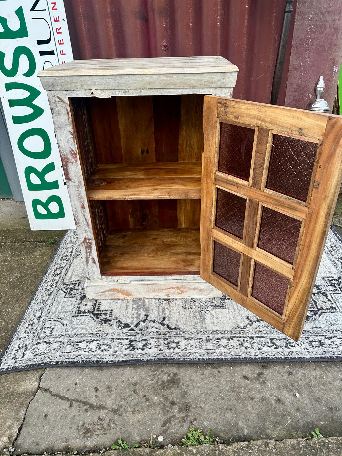 White Distressed Wooden Cabinet with Glass Panel Door Rustic Storage