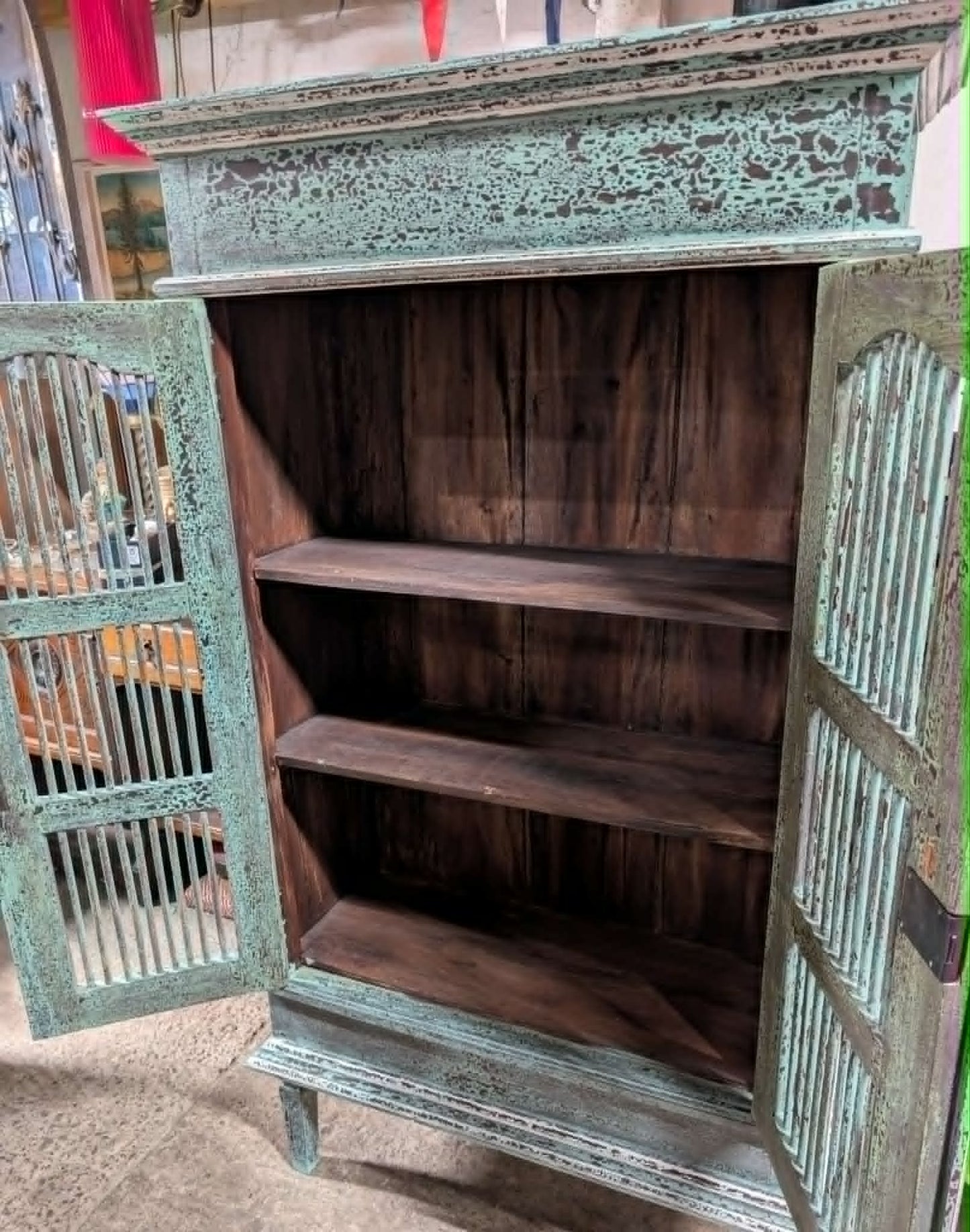 Blue Shabby Chic Tall Cabinet / Barred Doors