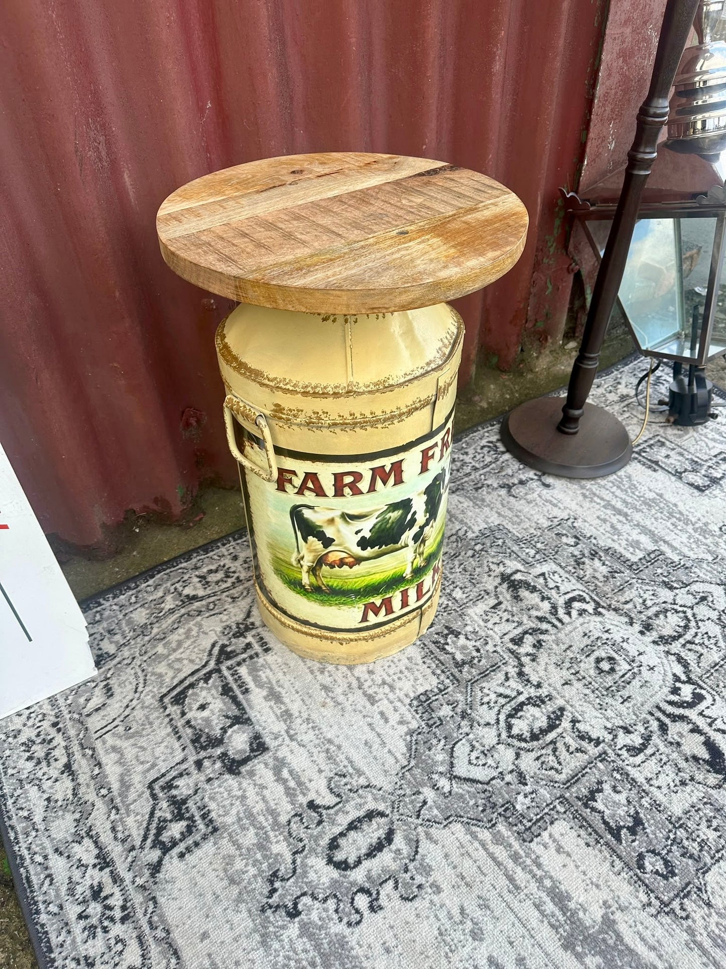 Farm Fresh Milk Decorative Side Table with Wooden Top Rustic Farmhouse Style