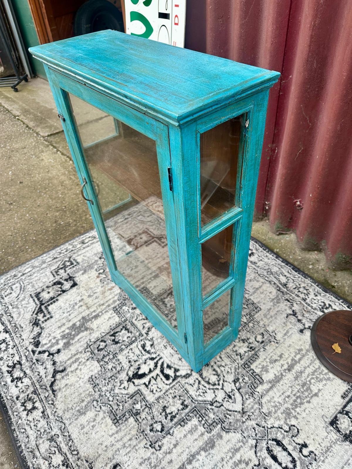 Turquoise Painted Glass Display Cabinet Wooden Shelves Rustic Boho Storage Unit