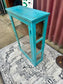 Turquoise Painted Glass Display Cabinet Wooden Shelves Rustic Boho Storage Unit