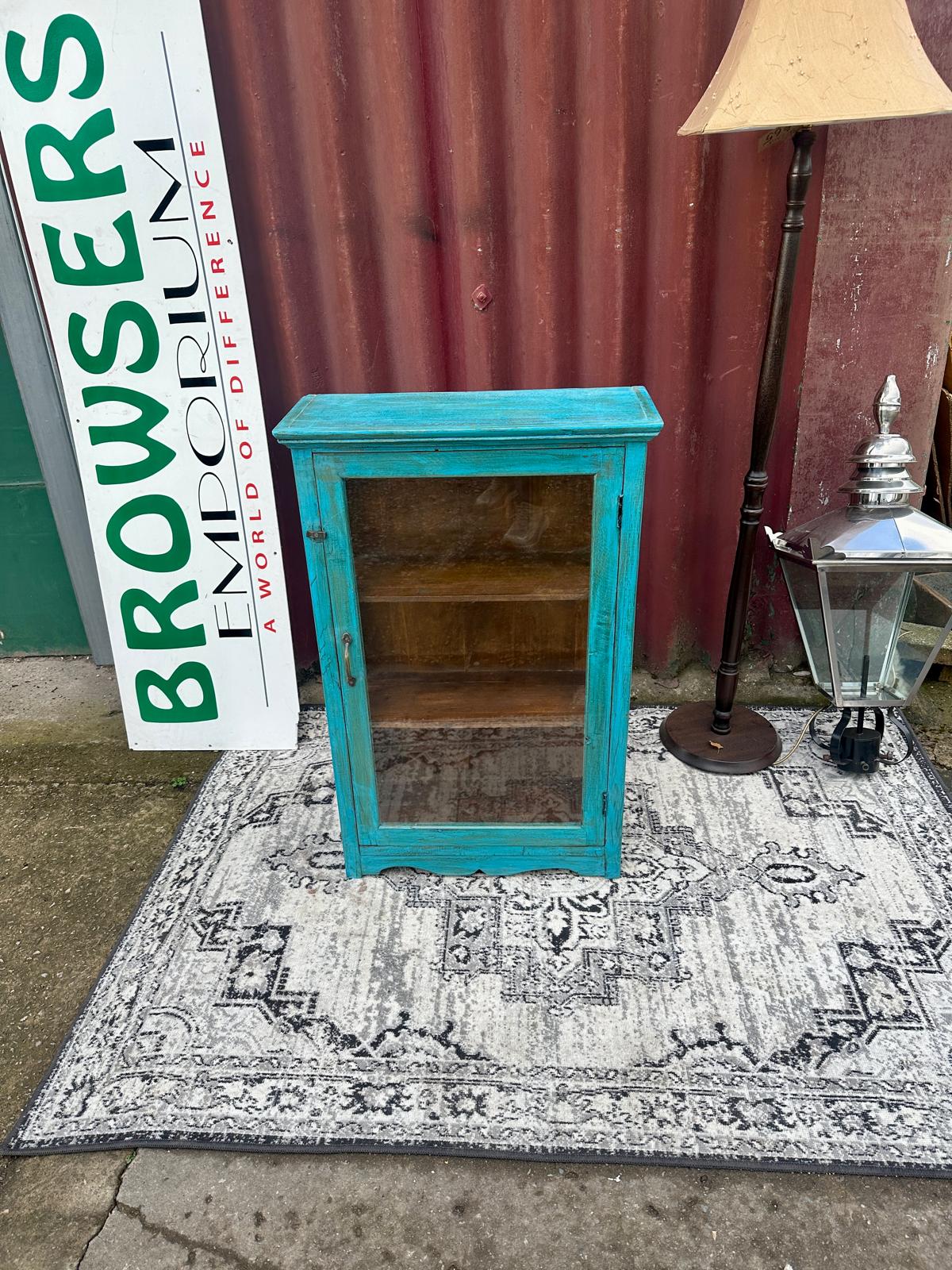 Turquoise Painted Glass Display Cabinet Wooden Shelves Rustic Boho Storage Unit