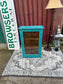 Turquoise Painted Glass Display Cabinet Wooden Shelves Rustic Boho Storage Unit