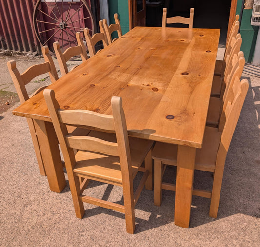 Large Pine Farmhouse Table with Ten Wooden Chairs