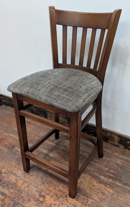 Single Bar Stool / Grey Fabric Seat / Dark Wood Frame