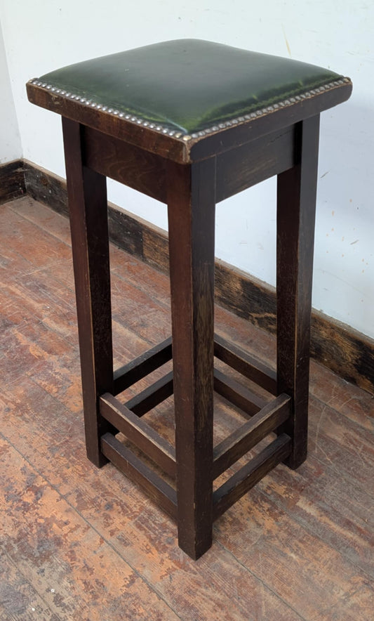Single Square Bar Stool / Green Faux Leather Seat / Dark Wood Frame