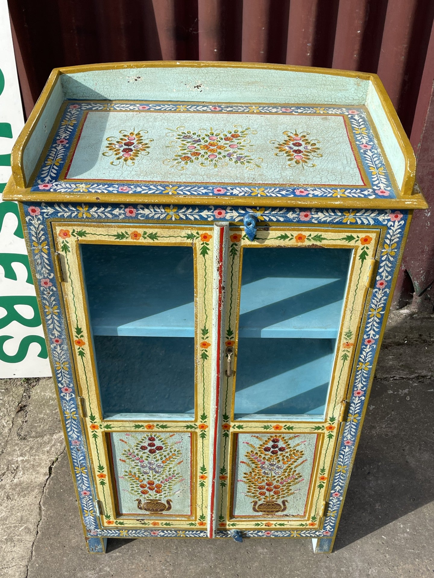Hand Painted Indian Style Display Cabinet Glass Door Floral Decorative Storage