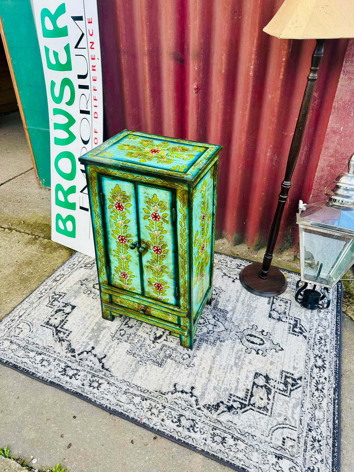 Hand Painted Floral Wooden Bedside Cabinet with Drawer and Double Doors
