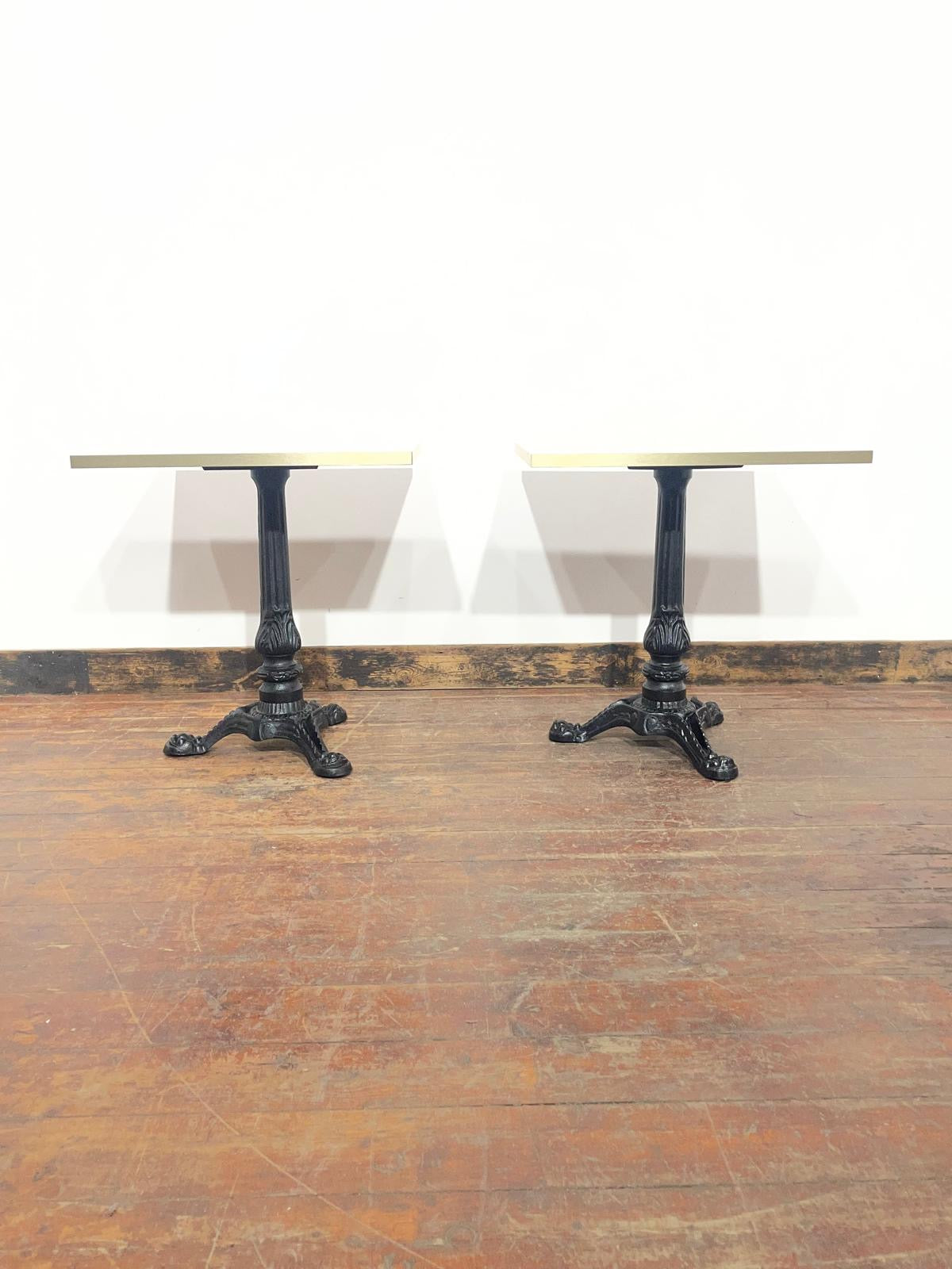 Pair of Marble Effect Bistro Tables with Ornate Black Cast Iron Bases Gold Trim