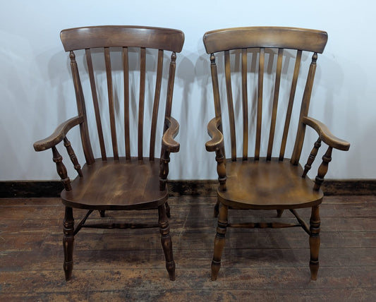 Pair of Solid Wooden Windsor Armchairs Farmhouse Kitchen Dining Chairs