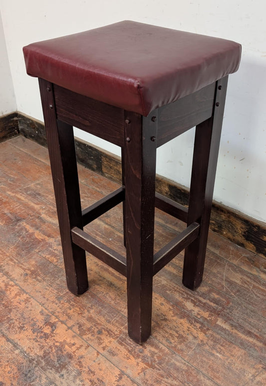 Single Square Bar Stool / Red Faux Leather Seat / Dark Wood Frame