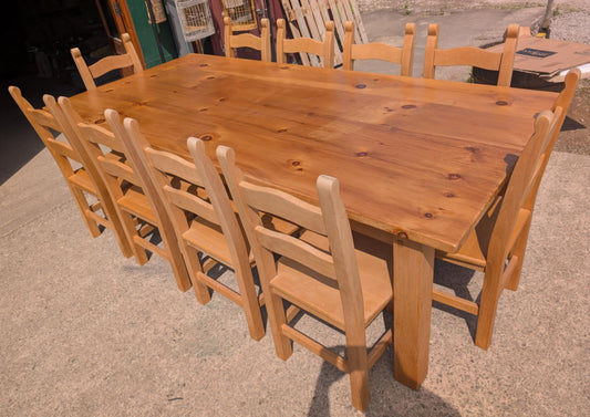 Large Pine Farmhouse Table with Ten Wooden Chairs