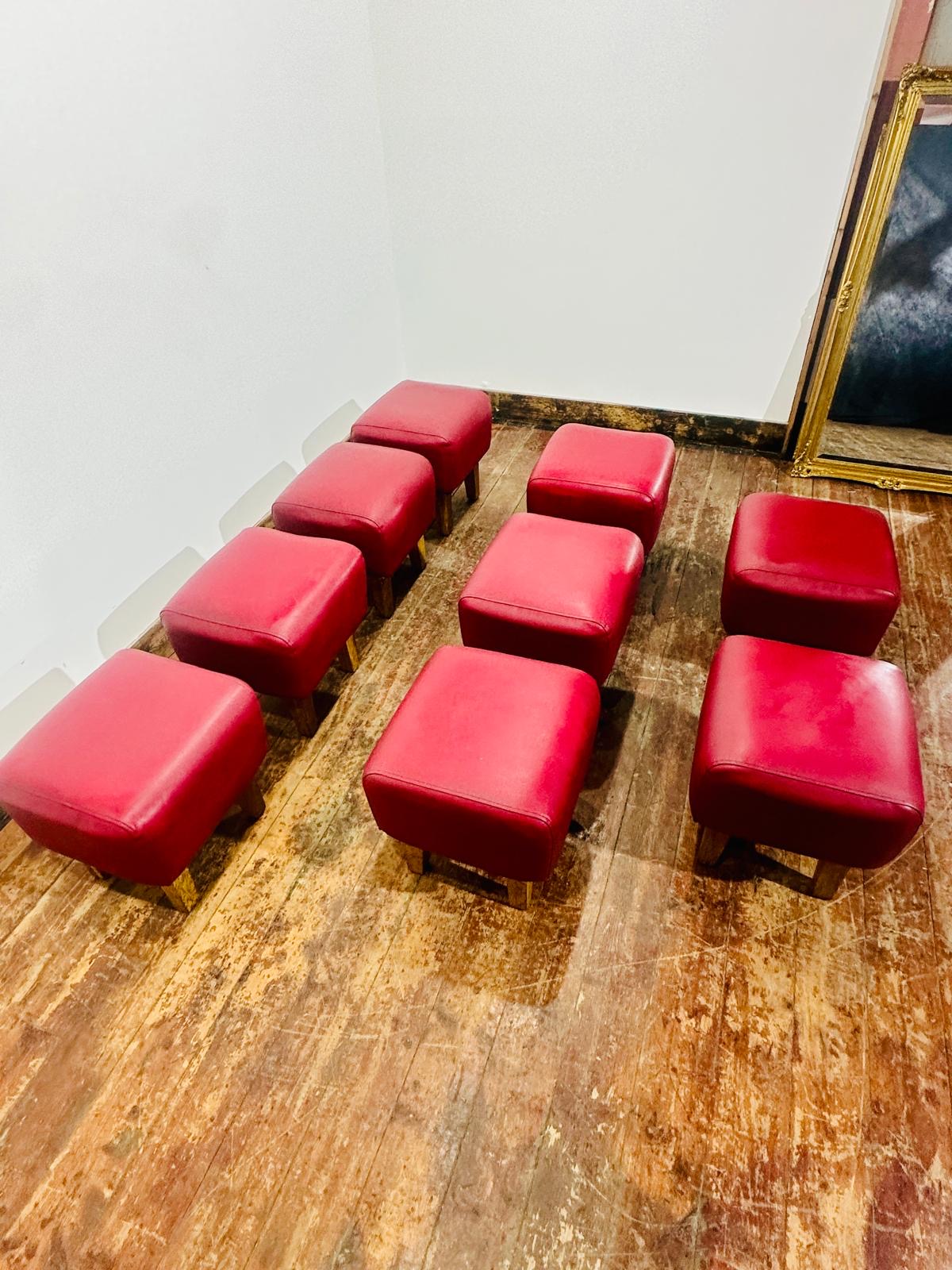 Set of 9 Red Leather Effect Low Pub Bar Stools Wooden Legs