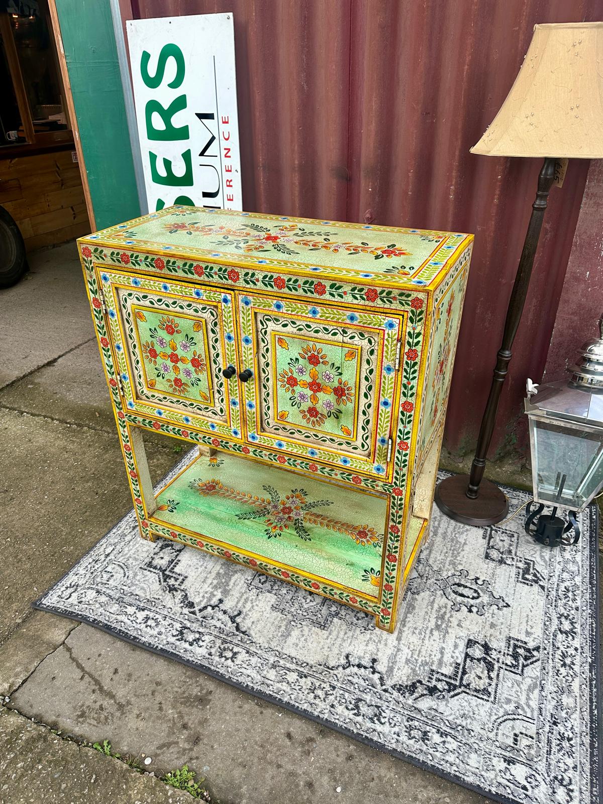 Hand Painted Floral Wooden Cabinet with Double Doors and Display Shelf