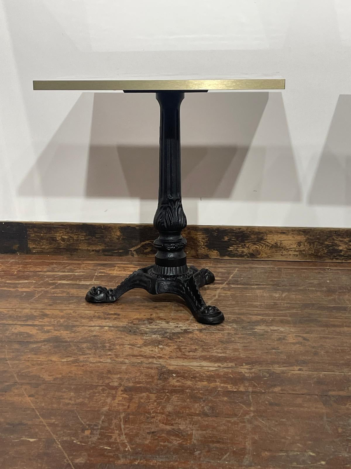 Pair of Marble Effect Bistro Tables with Ornate Black Cast Iron Bases Gold Trim