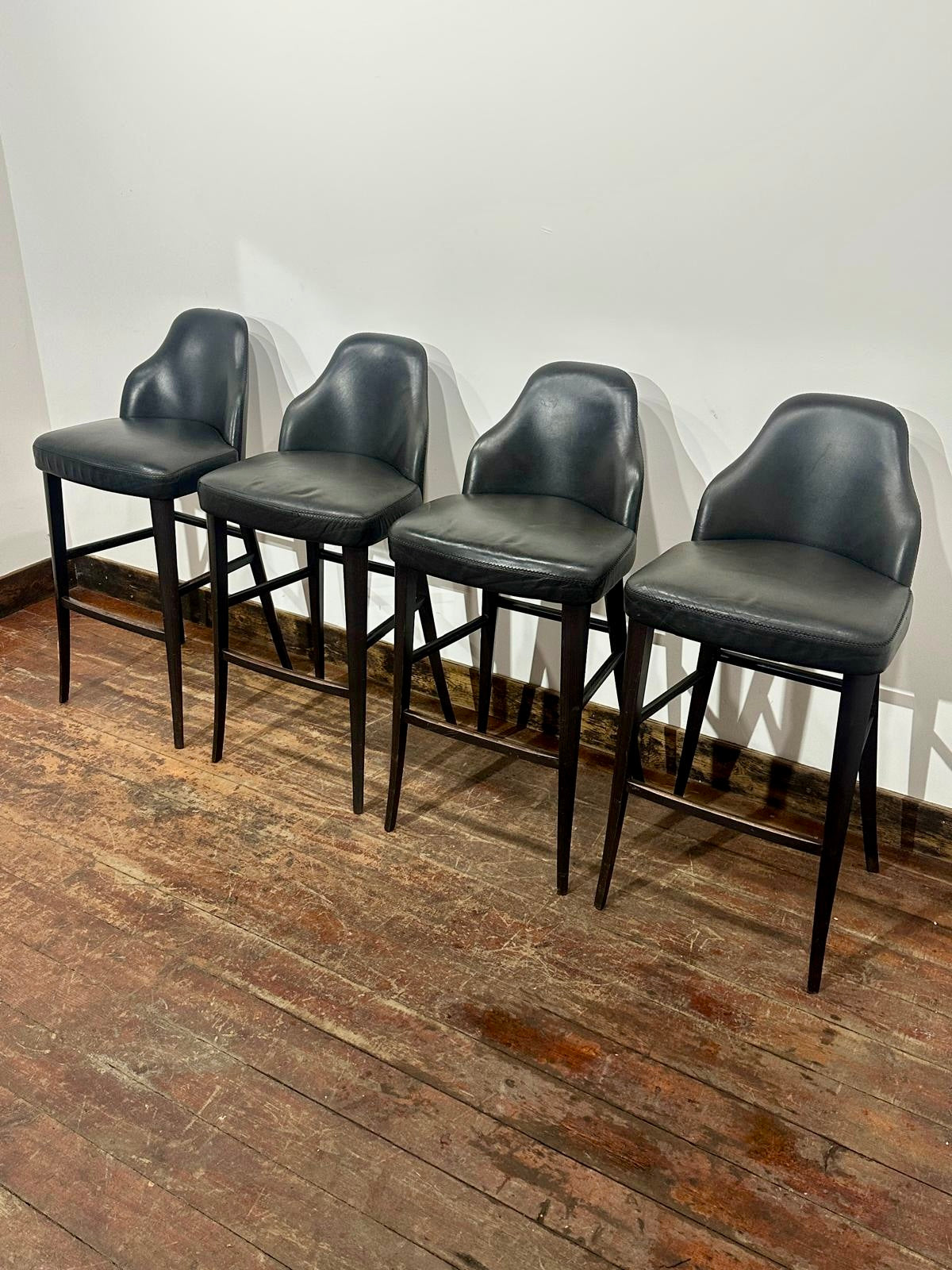 Set of 4 Black Genuine Leather Bar Stools Restaurant Bar Pub