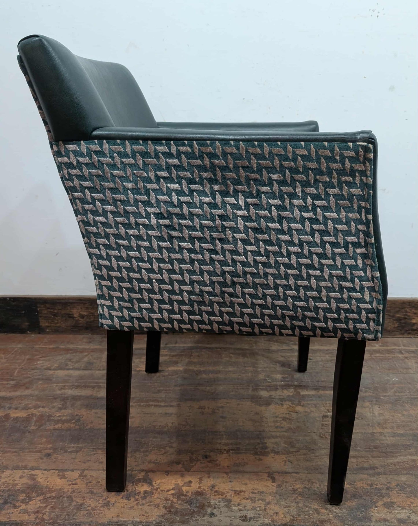 Set of 4 bottle green faux leather tub chairs / fabric backs / pub seating