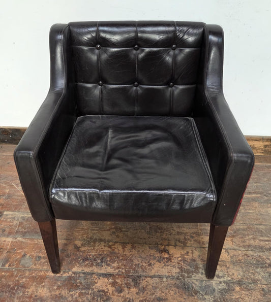 Square Black Faux Leather Tub Chair with Red Tartan Sides and Back