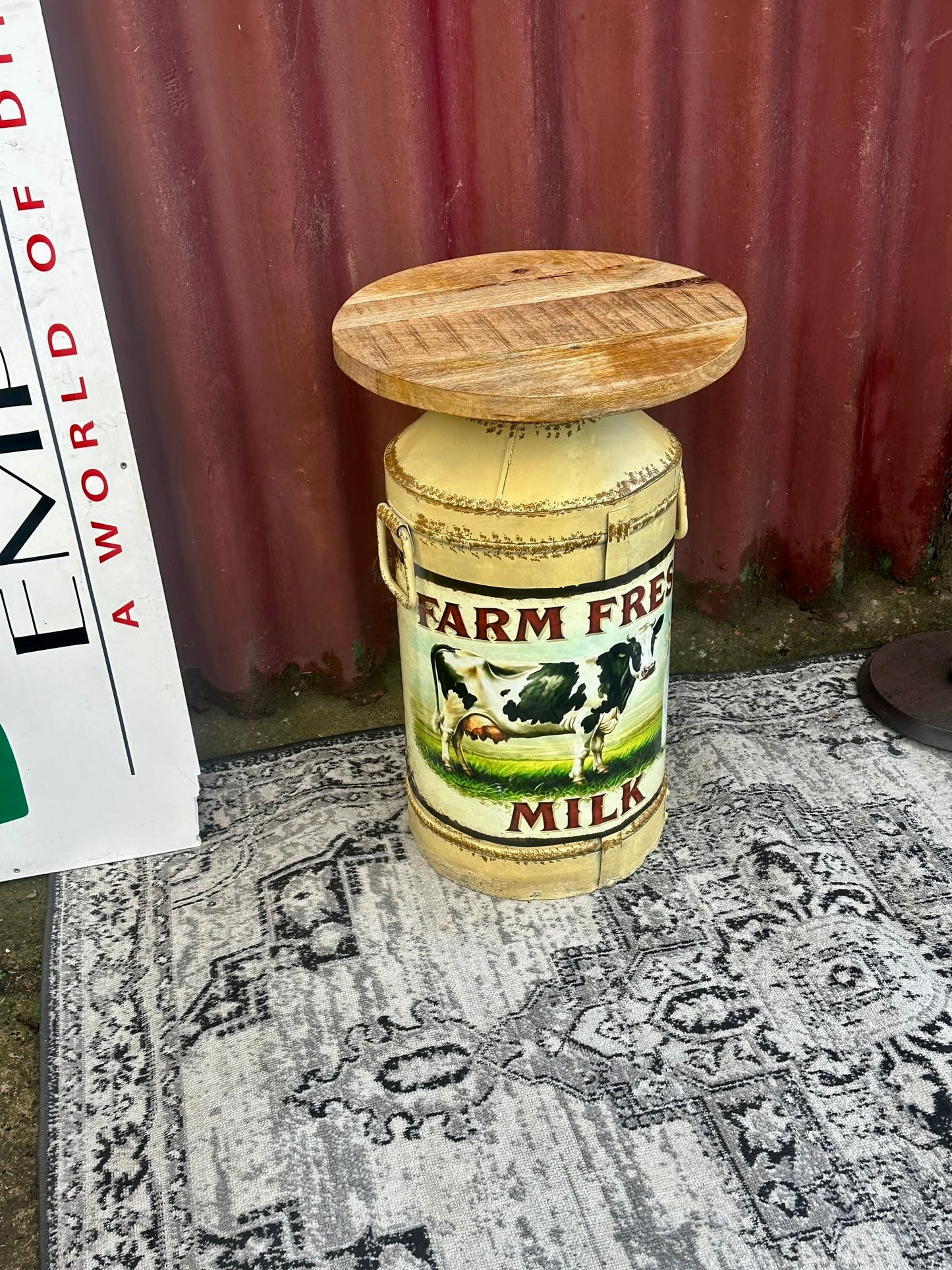 Farm Fresh Milk Decorative Side Table with Wooden Top Rustic Farmhouse Style